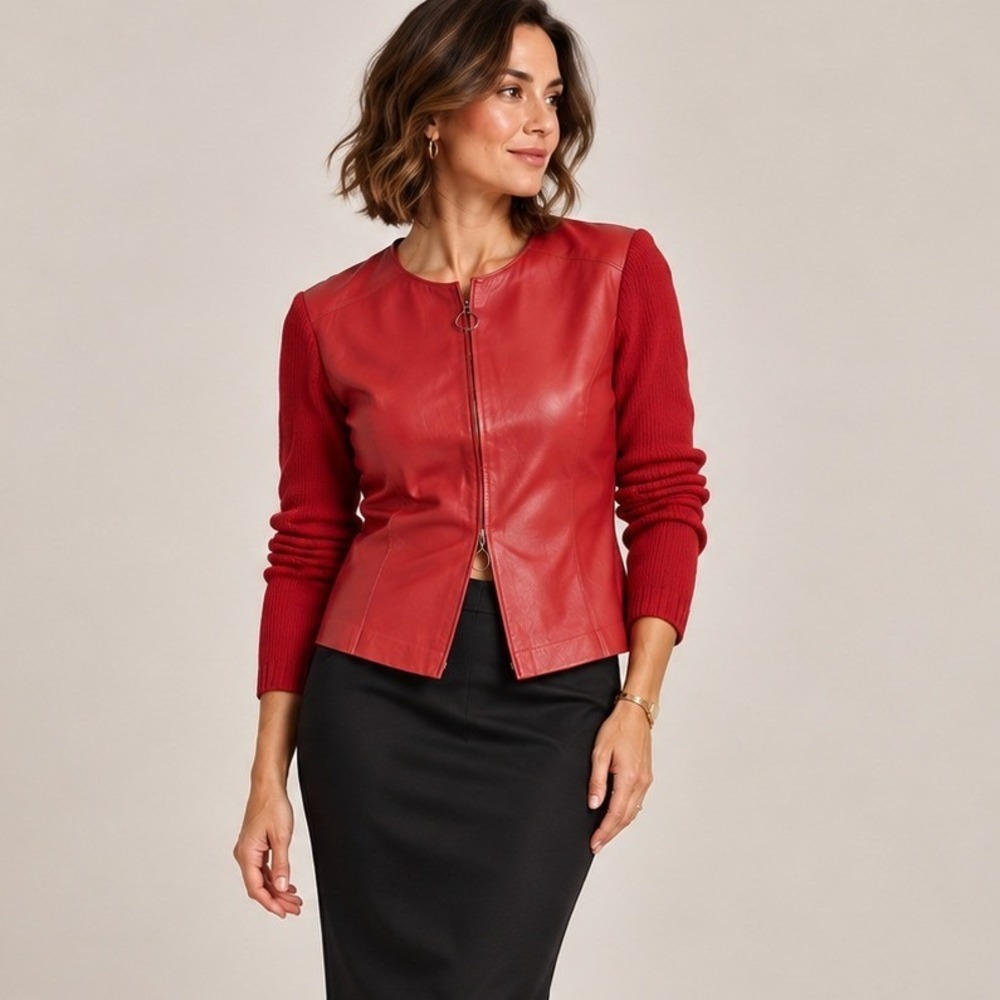 Maurice Sasson Red Leather Cotton Knit Full Zip 90s Minimalist Jacket Womens M